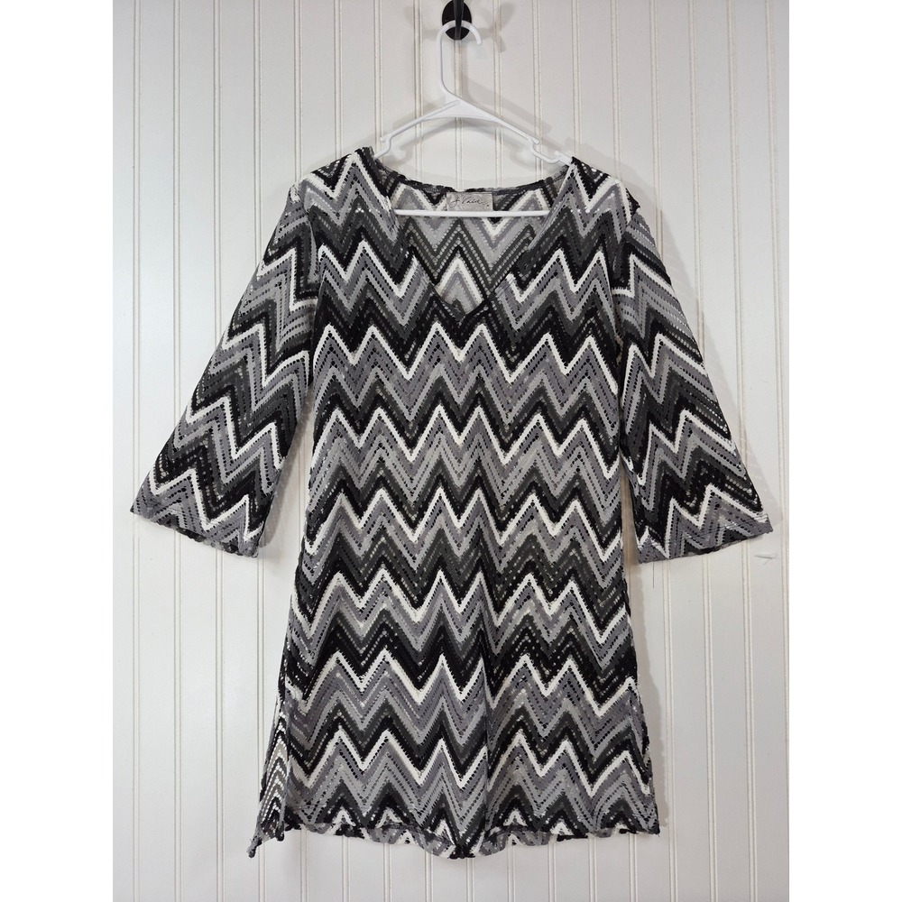J Valdi Swim Cover Up Dress‎ Grayscale Zigzag Chevron Open Knit V-Neck Size S